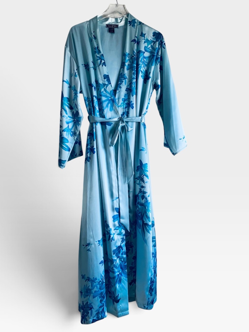 Halston Blue Floral Satin Long Robe Size L/XL